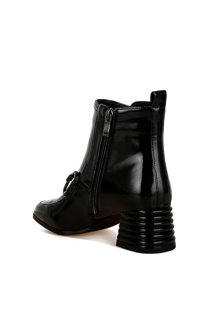 Black Patent Faux Leather Horsebit Embellished Boots by London Rag at Pernia's Pop Up Shop