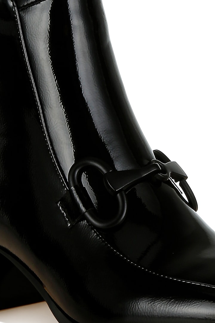Black Patent Faux Leather Horsebit Embellished Boots by London Rag at Pernia's Pop Up Shop