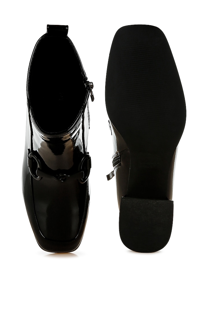 Black Patent Faux Leather Horsebit Embellished Boots by London Rag at Pernia's Pop Up Shop