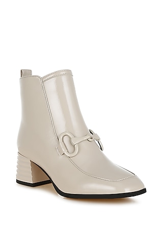 Nude Patent Faux Leather Horsebit Embellished Boots by London Rag