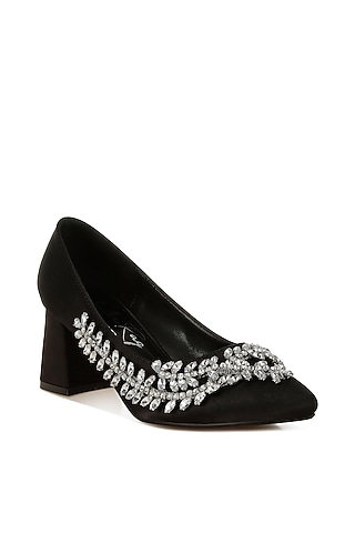 Black Satin Diamante Brooch Embellished Pumps by London Rag