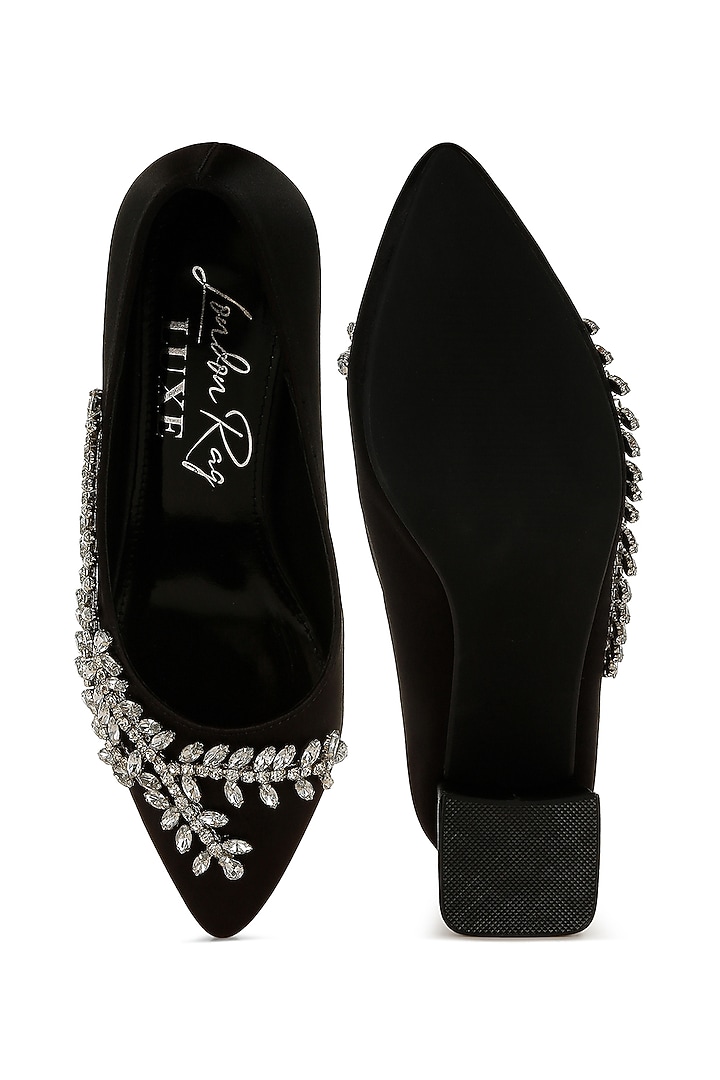 Black Satin Diamante Brooch Embellished Pumps by London Rag at Pernia's Pop Up Shop