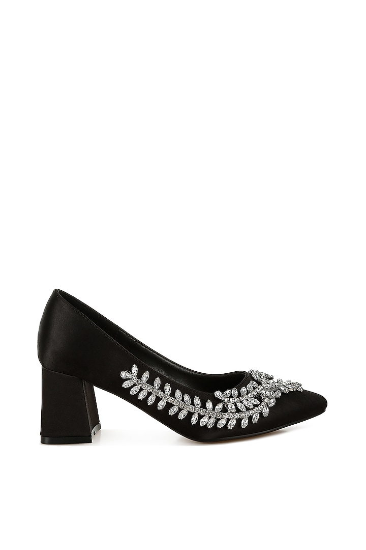 Black Satin Diamante Brooch Embellished Pumps by London Rag at Pernia's Pop Up Shop