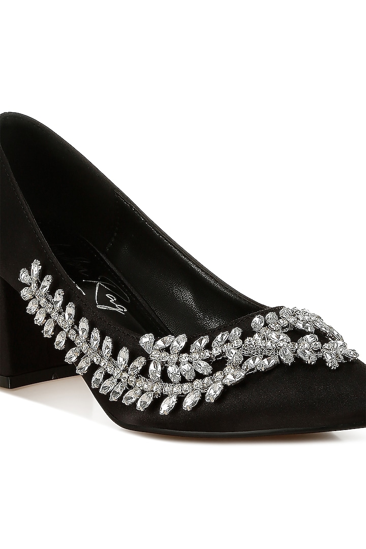 Black Satin Diamante Brooch Embellished Pumps by London Rag at Pernia's Pop Up Shop