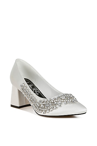 White Satin Diamante Brooch Embellished Pumps by London Rag