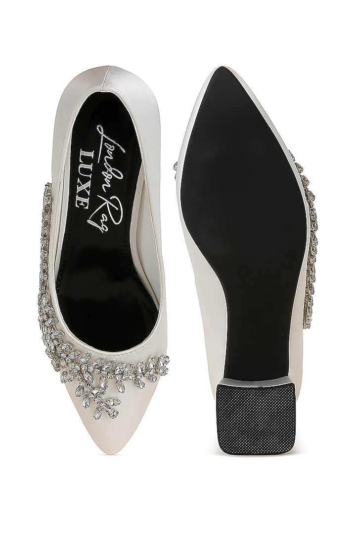 White Satin Diamante Brooch Embellished Pumps by London Rag at Pernia's Pop Up Shop