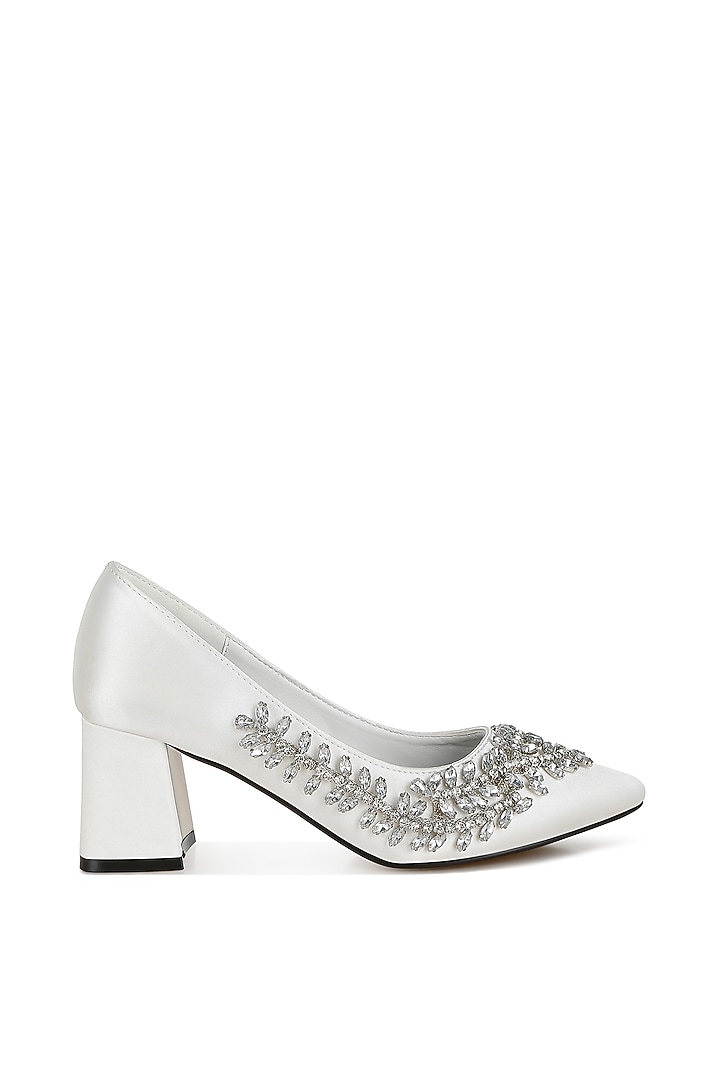 White Satin Diamante Brooch Embellished Pumps by London Rag at Pernia's Pop Up Shop