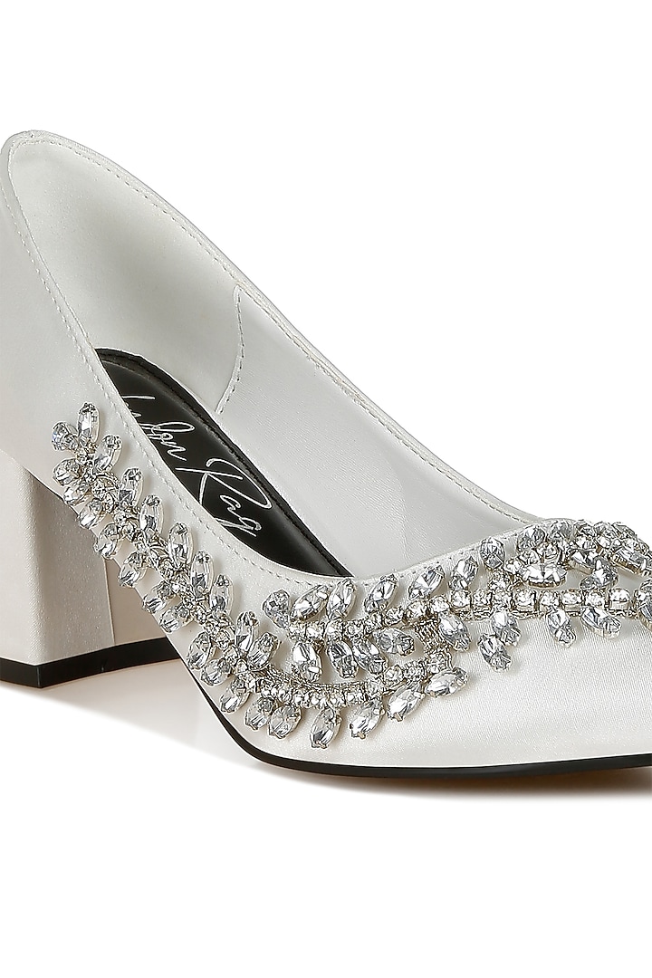 White Satin Diamante Brooch Embellished Pumps by London Rag at Pernia's Pop Up Shop