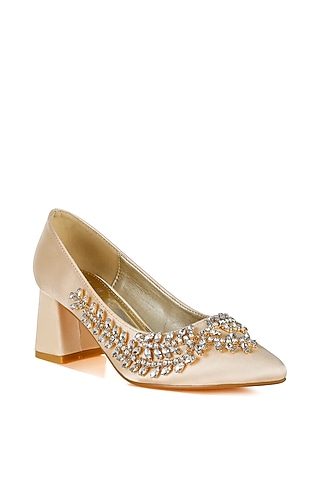 Beige Satin Diamante Brooch Embellished Pumps by London Rag