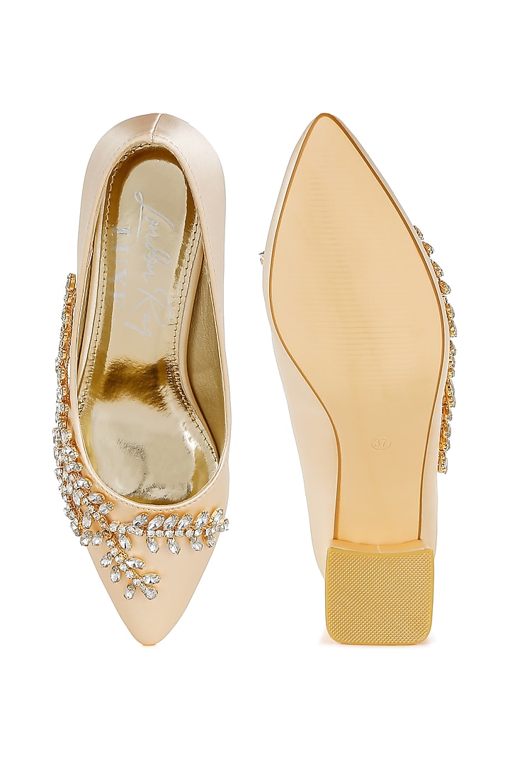 Beige Satin Diamante Brooch Embellished Pumps by London Rag at Pernia's Pop Up Shop