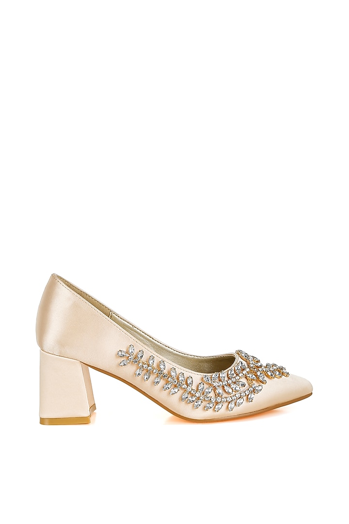 Beige Satin Diamante Brooch Embellished Pumps by London Rag at Pernia's Pop Up Shop