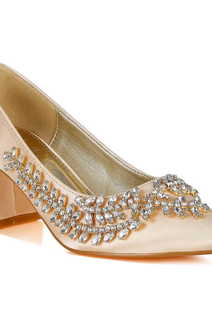 Beige Satin Diamante Brooch Embellished Pumps by London Rag at Pernia's Pop Up Shop