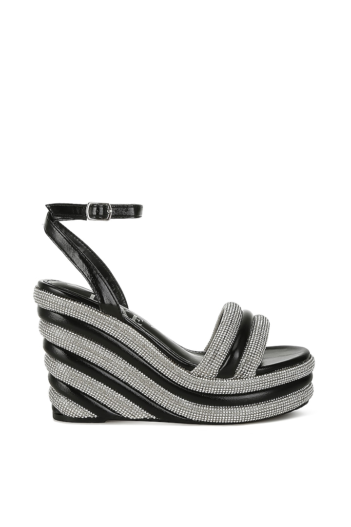 Black Metallic Faux Leather Embellished Wedges by London Rag at Pernia's Pop Up Shop