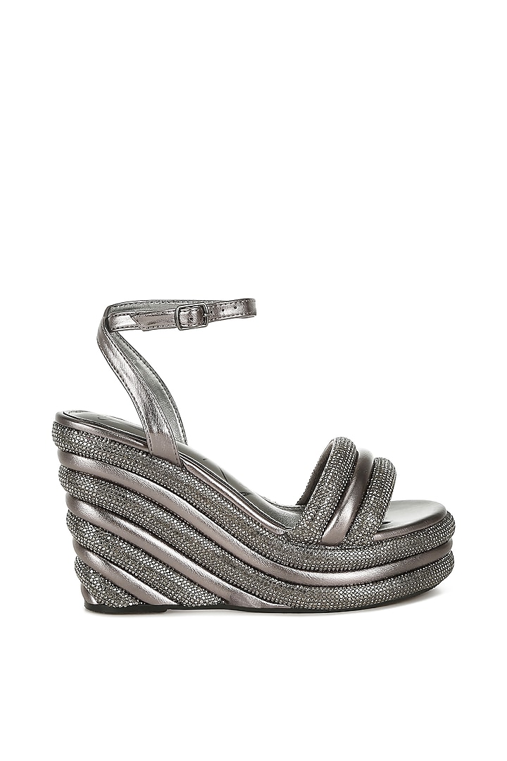 Pewter Metallic Faux Leather Embellished Wedges by London Rag at Pernia's Pop Up Shop