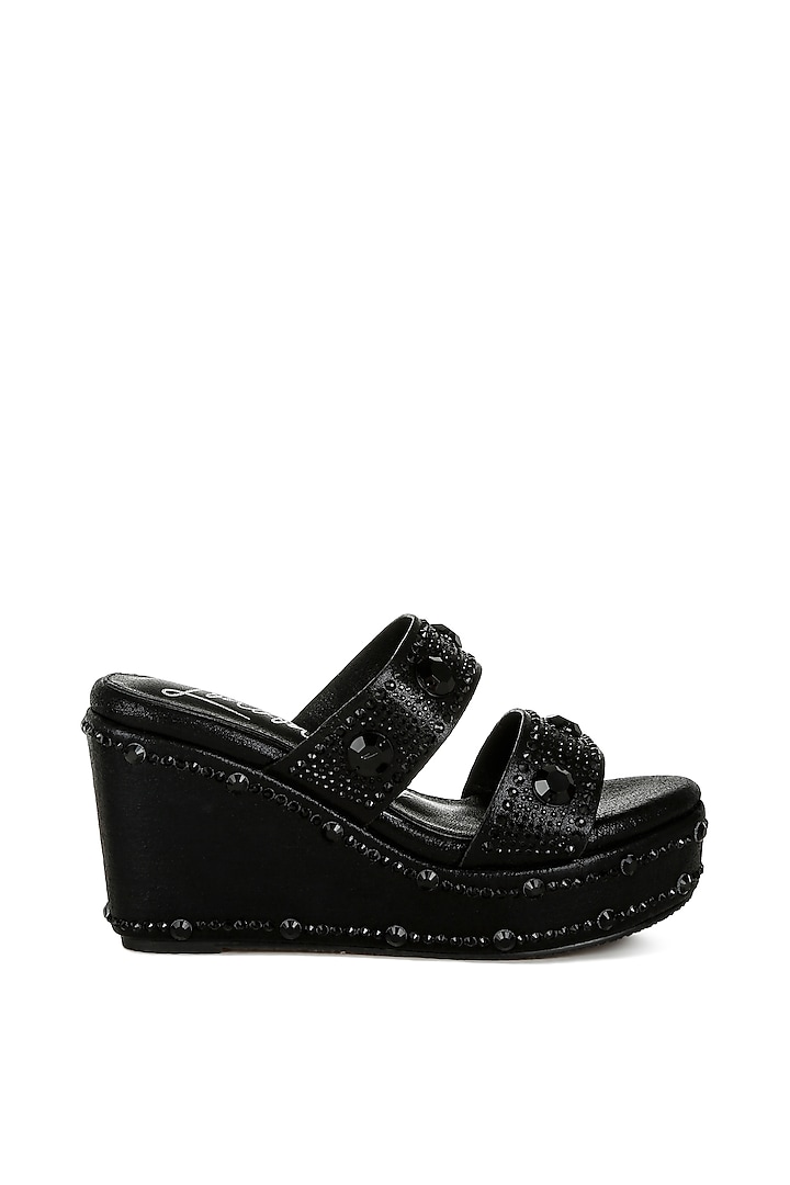 Black Shimmer Fabric Embellished Wedges by London Rag at Pernia's Pop Up Shop