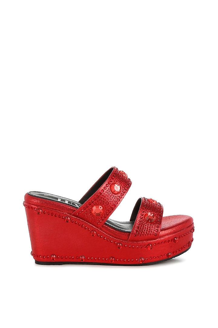 Red Shimmer Fabric Embellished Wedges by London Rag at Pernia's Pop Up Shop