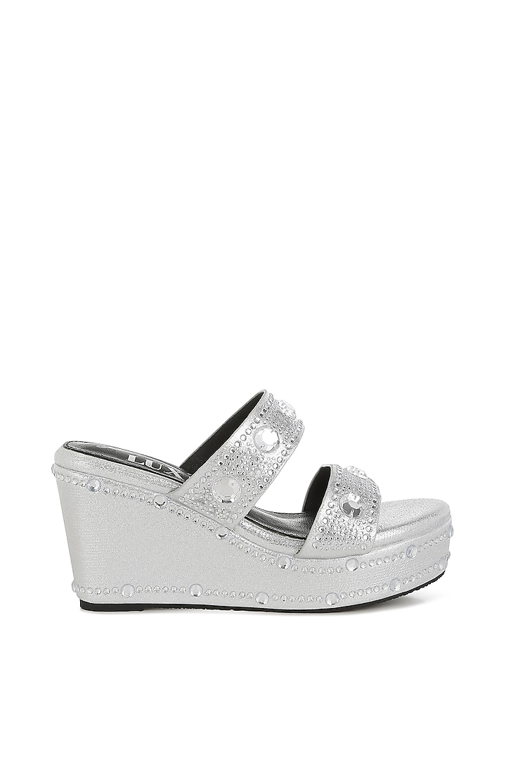 Silver Shimmer Fabric Embellished Wedges by London Rag at Pernia's Pop Up Shop