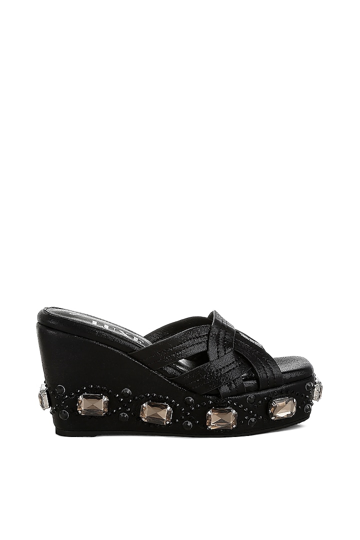 Black Shimmer Fabric Embellished Wedges by London Rag at Pernia's Pop Up Shop