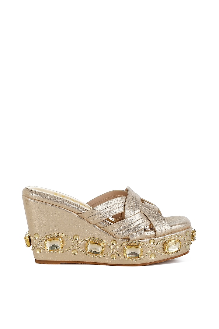 Gold Shimmer Fabric Embellished Wedges by London Rag at Pernia's Pop Up Shop