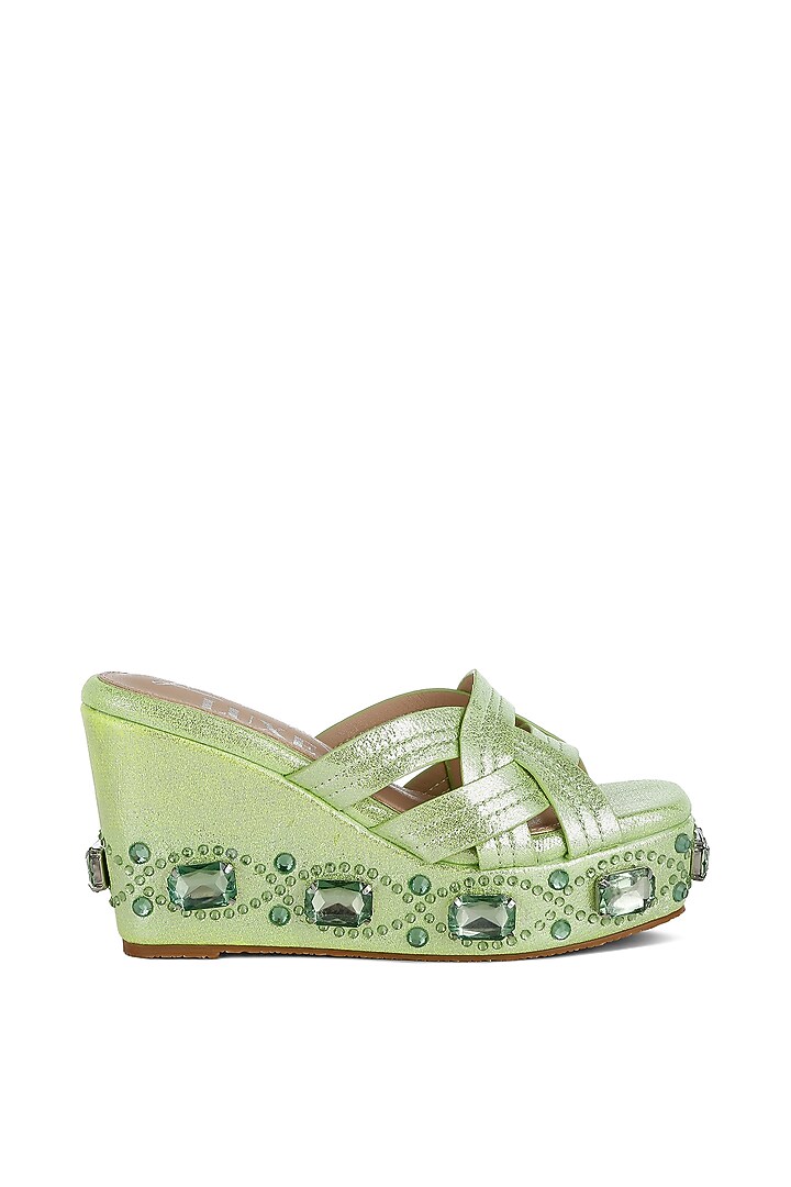 Lime Green Shimmer Fabric Embellished Wedges by London Rag at Pernia's Pop Up Shop