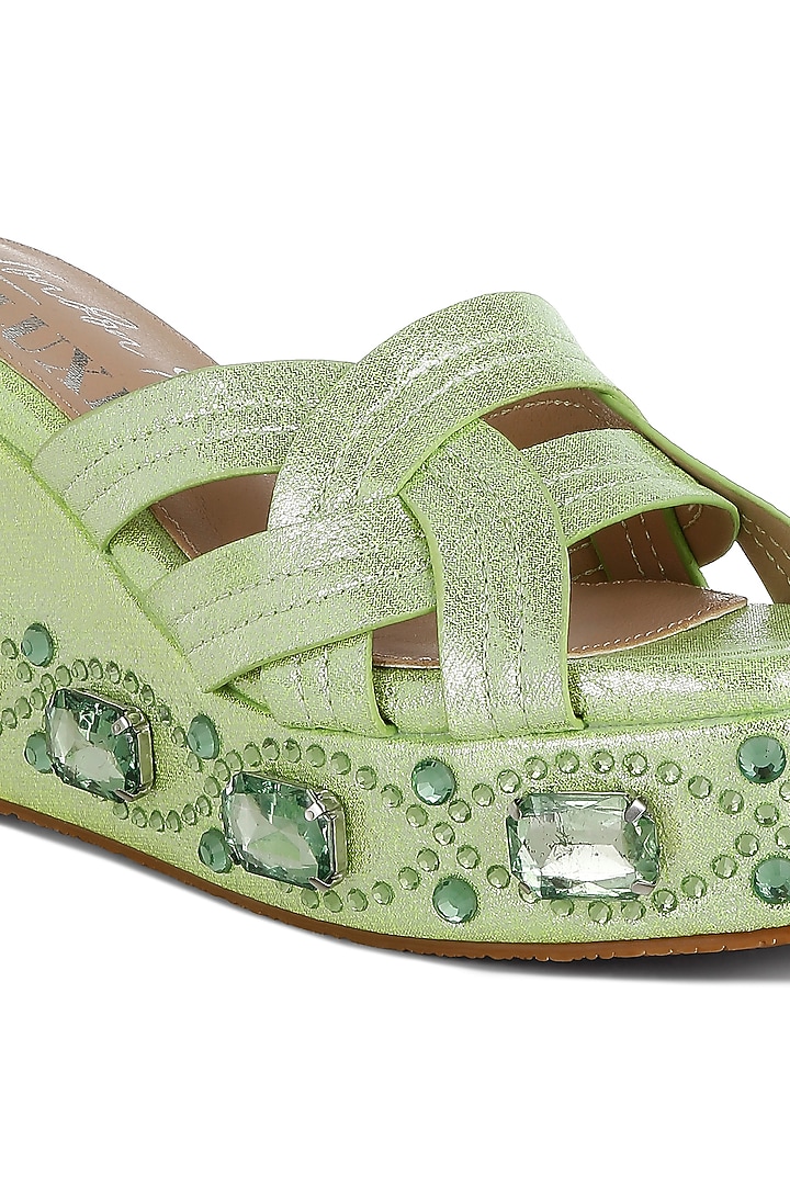 Lime Green Shimmer Fabric Embellished Wedges by London Rag at Pernia's Pop Up Shop