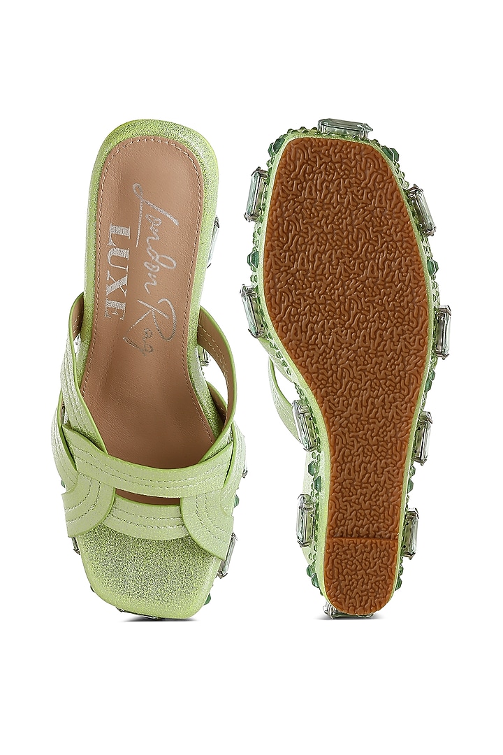 Lime Green Shimmer Fabric Embellished Wedges by London Rag at Pernia's Pop Up Shop