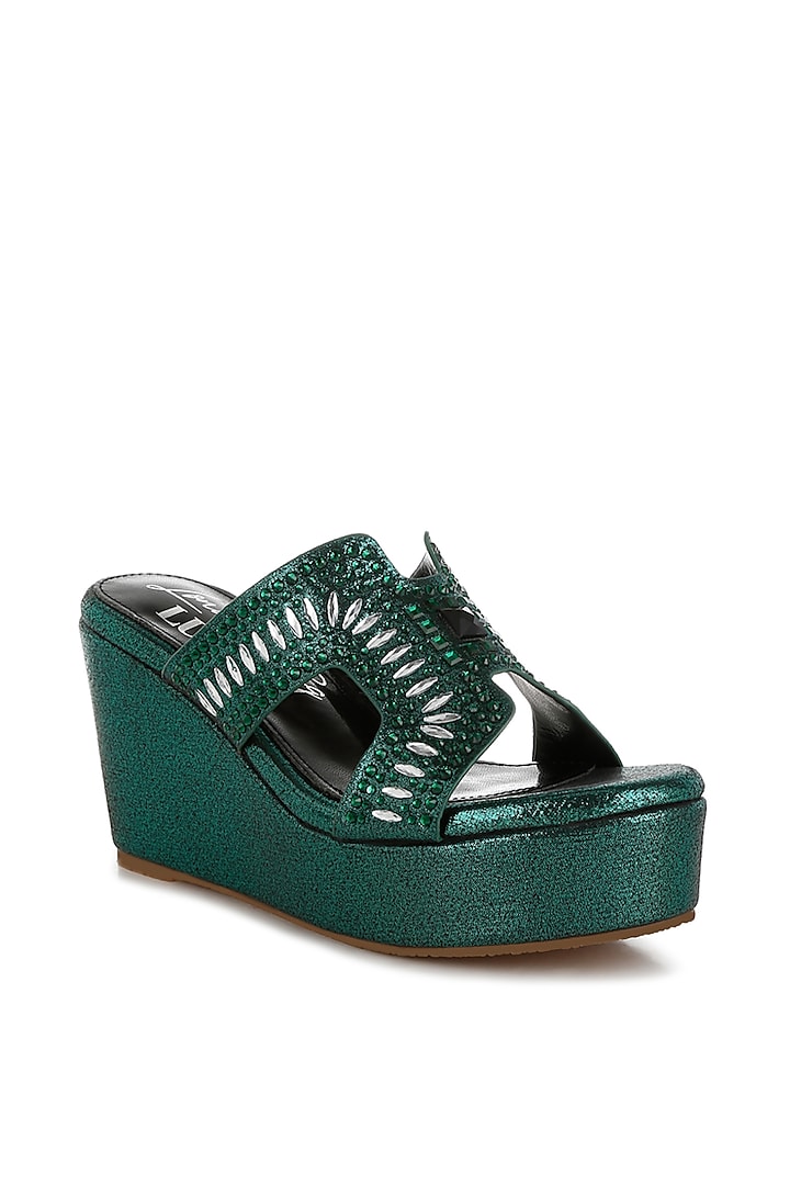 Green Shimmer Fabric Embellished Wedges by London Rag at Pernia's Pop Up Shop