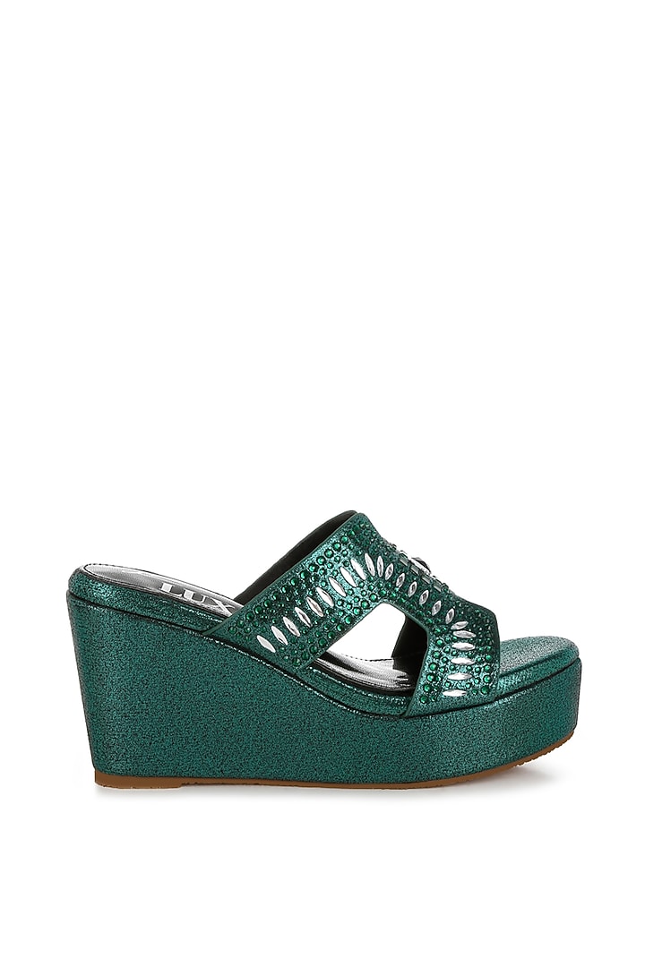Green Shimmer Fabric Embellished Wedges by London Rag at Pernia's Pop Up Shop
