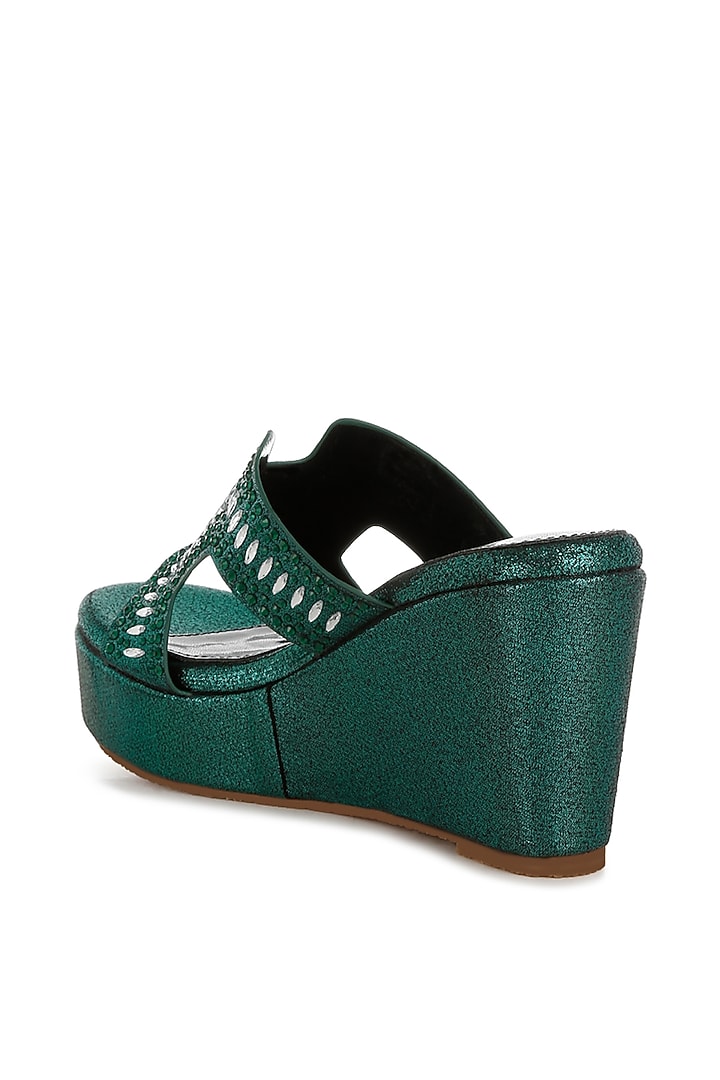 Green Shimmer Fabric Embellished Wedges by London Rag at Pernia's Pop Up Shop
