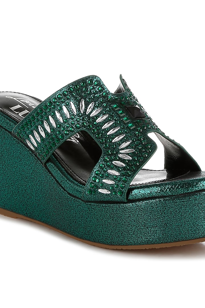 Green Shimmer Fabric Embellished Wedges by London Rag at Pernia's Pop Up Shop
