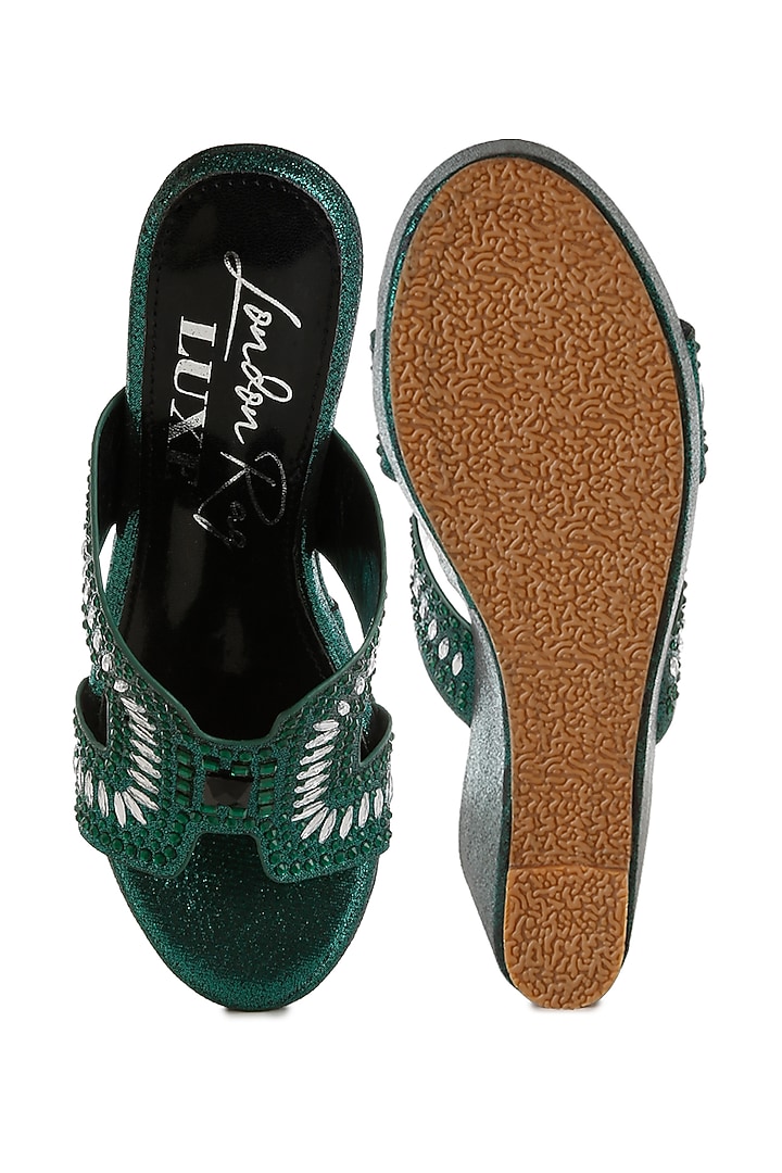 Green Shimmer Fabric Embellished Wedges by London Rag at Pernia's Pop Up Shop