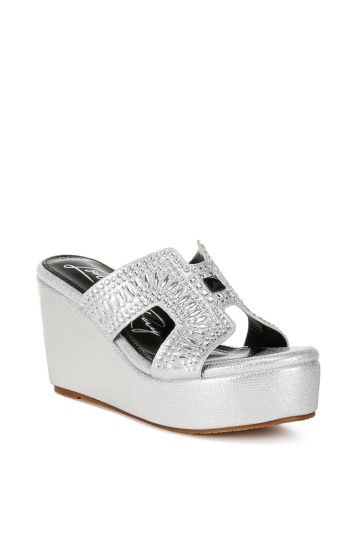 Silver Shimmer Fabric Embellished Wedges by London Rag at Pernia's Pop Up Shop