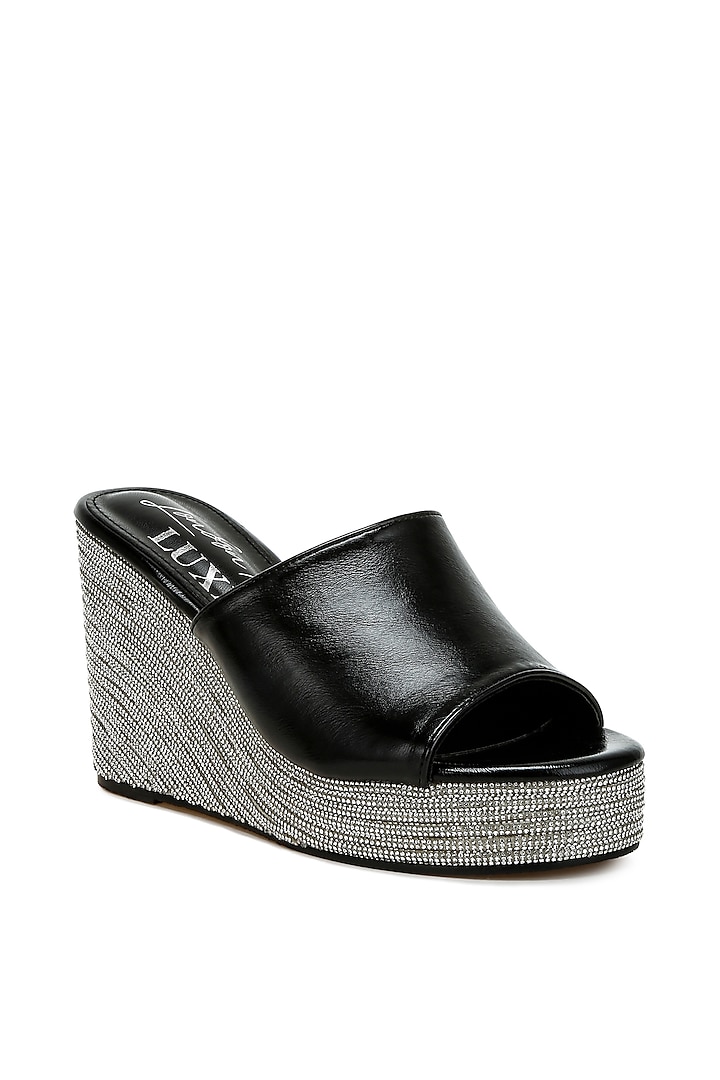 Black Metallic Faux Leather Embellished Wedges by London Rag at Pernia's Pop Up Shop