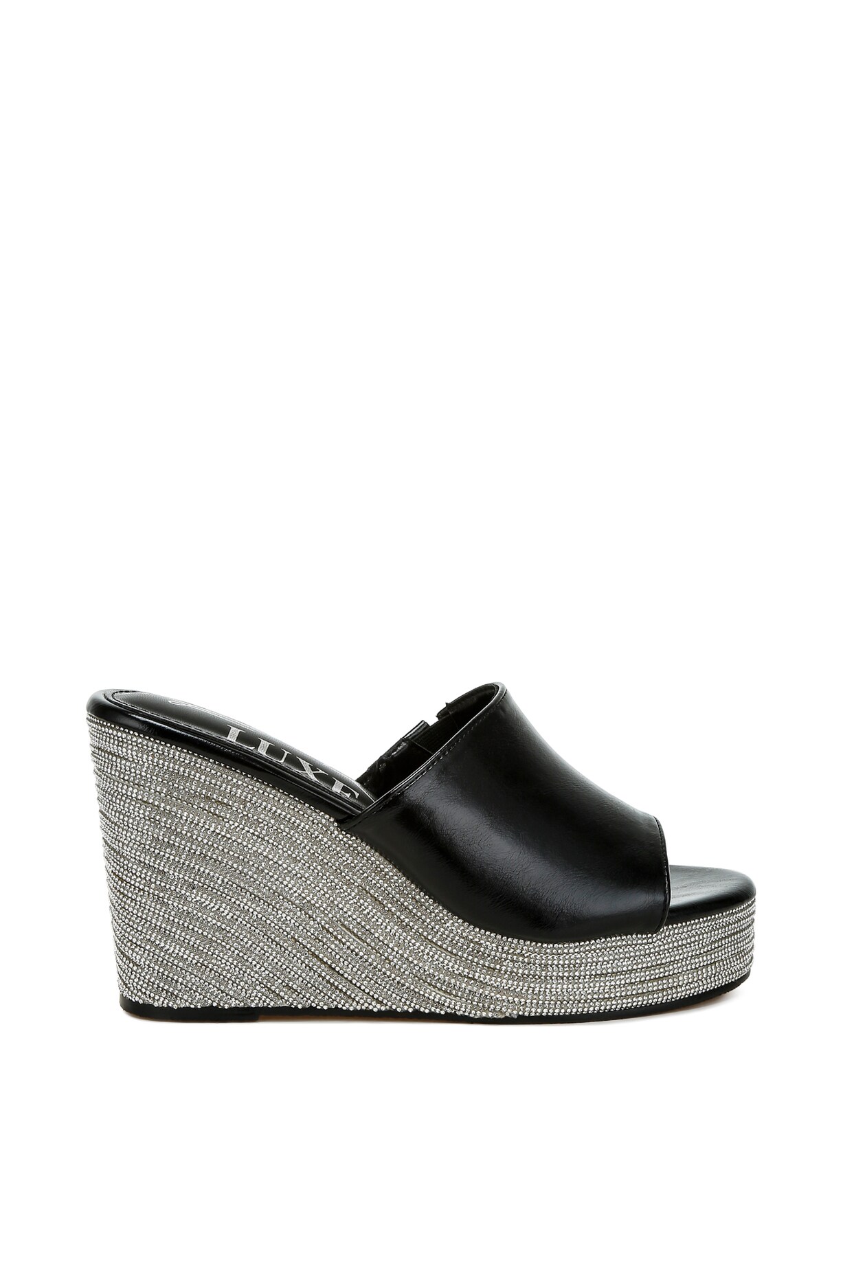 London Rag Espadrille Platform Slip On Sandals Black Metallic Faux