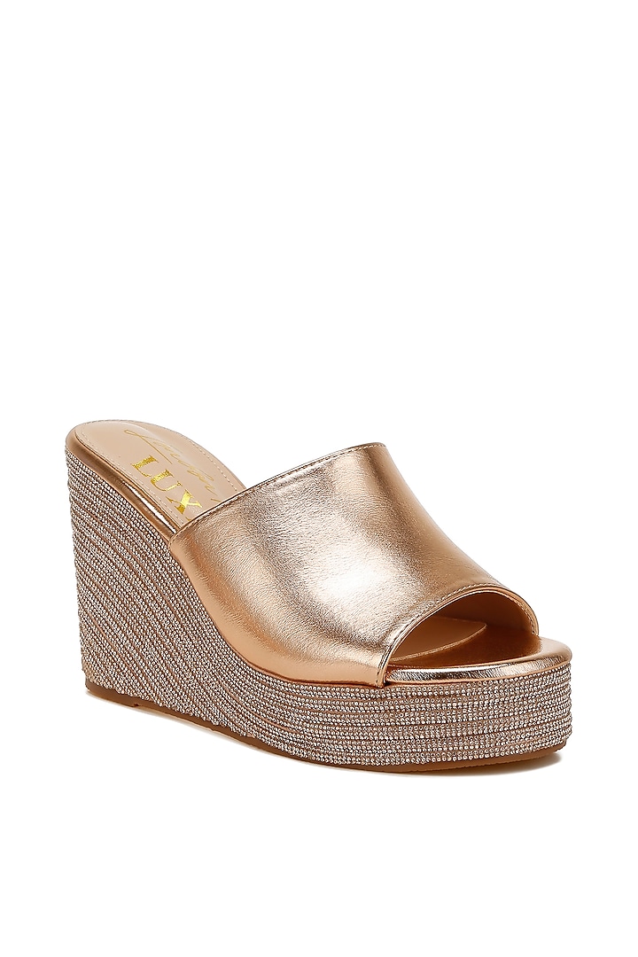 Gold Metallic Faux Leather Embellished Wedges by London Rag at Pernia's Pop Up Shop