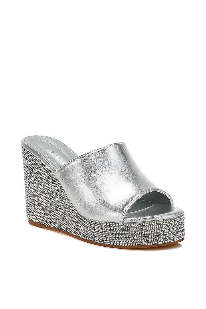 Silver Metallic Faux Leather Rhinestone Embellished Wedges by London Rag at Pernia's Pop Up Shop