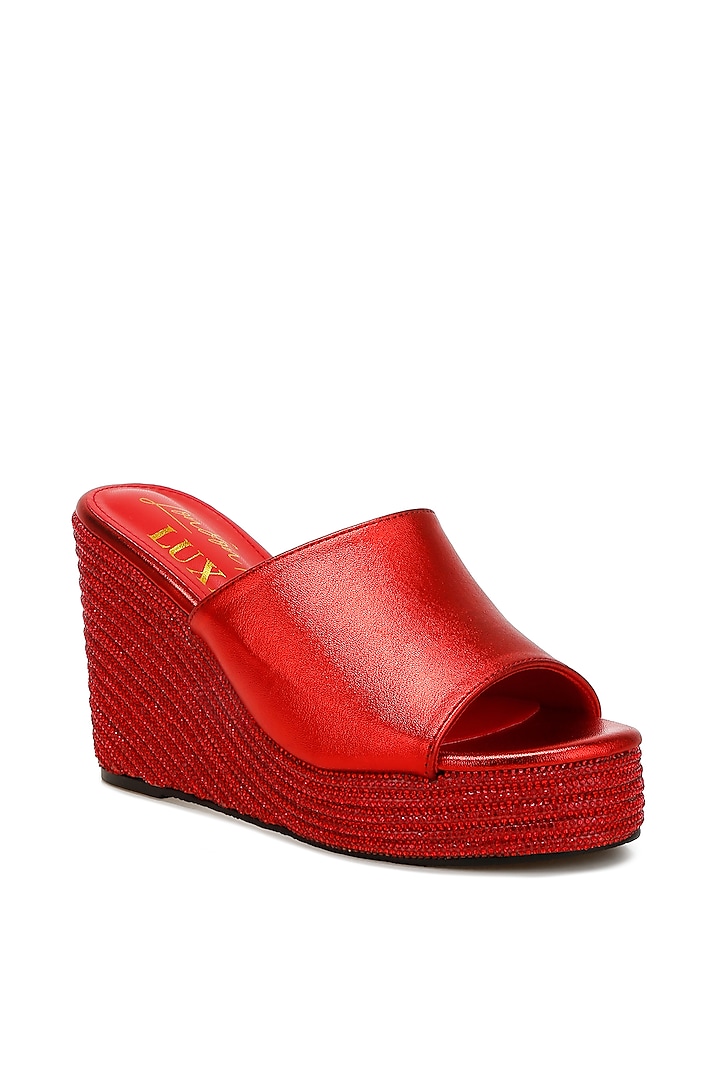 Red Metallic Faux Leather Rhinestone Embellished Wedges by London Rag at Pernia's Pop Up Shop