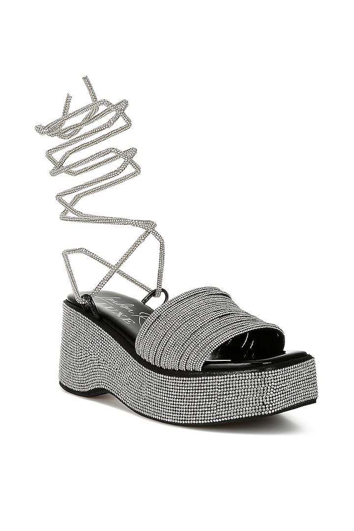 Black Metallic Faux Leather Rhinestone Embellished Lace-Up Wedges by London Rag at Pernia's Pop Up Shop