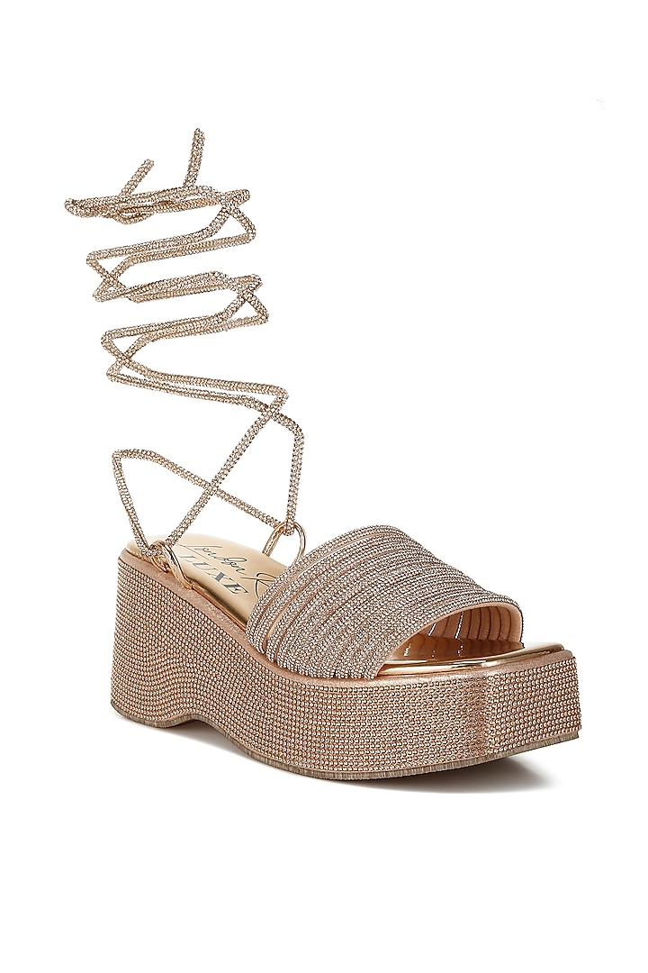 Gold Metallic Faux Leather Rhinestone Embellished Lace-Up Wedges by London Rag at Pernia's Pop Up Shop