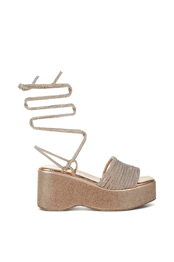 Rose Gold Tie Up Wedge Gold Metallic Faux Leather Rhinestone