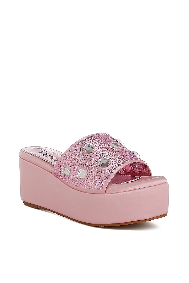 Pink Satin Rhinestone Embellished Platform Sandals by London Rag at Pernia's Pop Up Shop