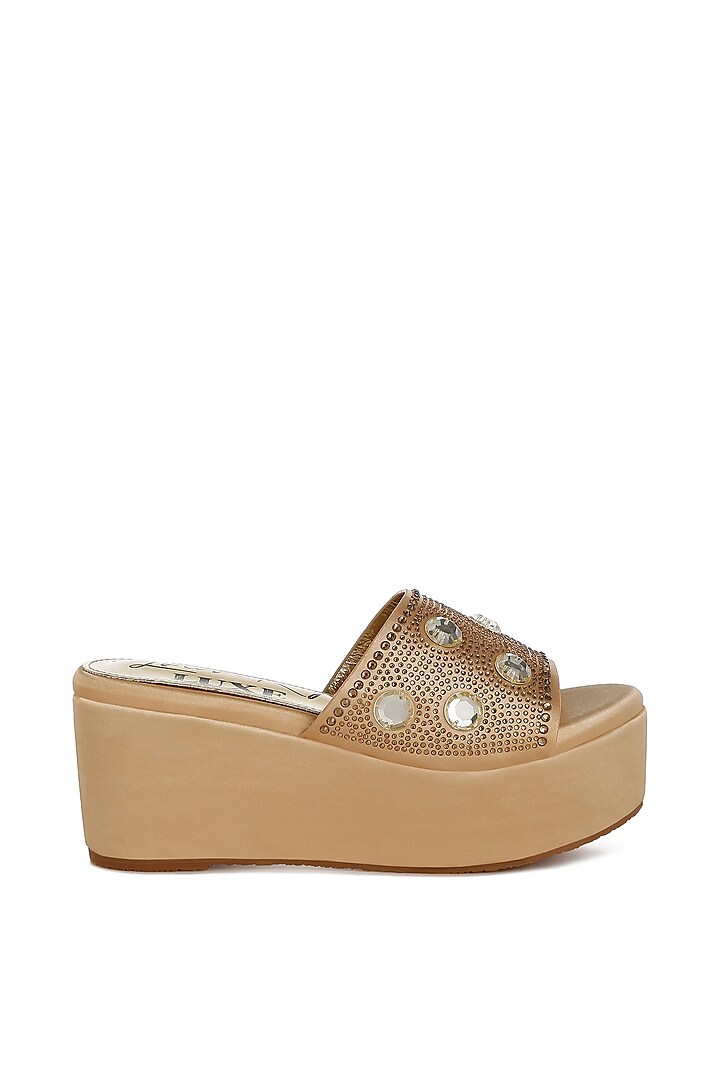 Gold Satin Rhinestone Embellished Platform Sandals by London Rag at Pernia's Pop Up Shop