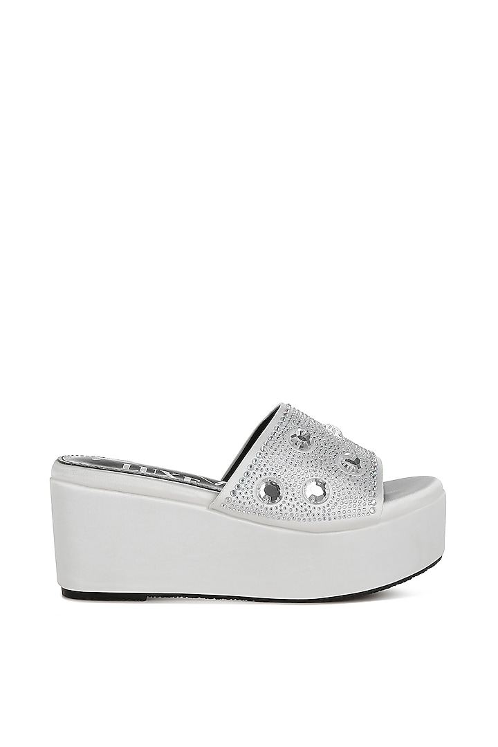 White Satin Rhinestone Embellished Platform Sandals by London Rag at Pernia's Pop Up Shop