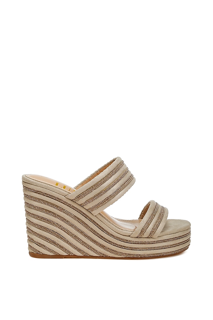 Beige Microfiber Rhinestone Embellished Wedges by London Rag at Pernia's Pop Up Shop