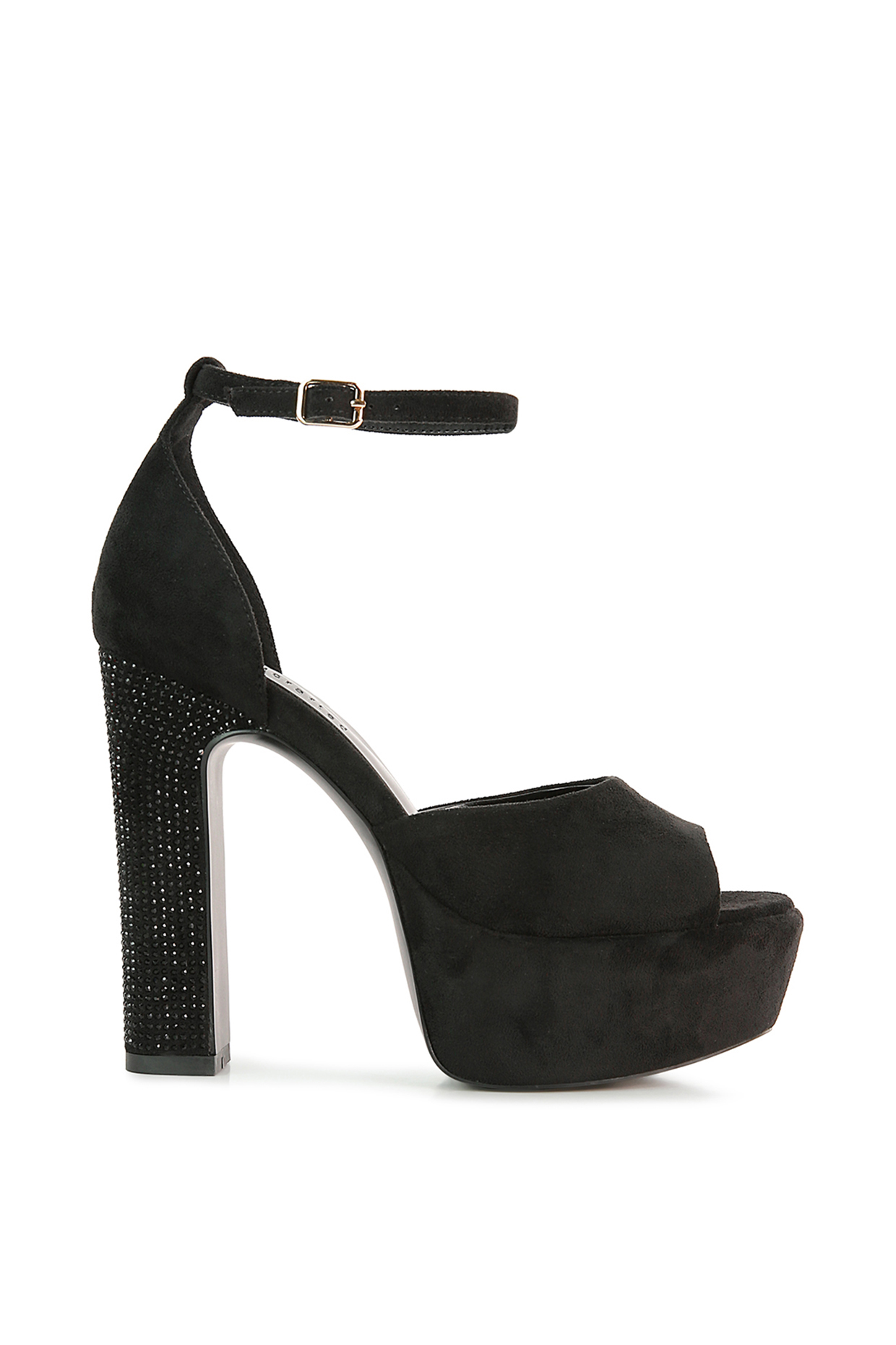 Black Micro Suede Diamante Block Heels by London Rag at Pernia's Pop Up Shop