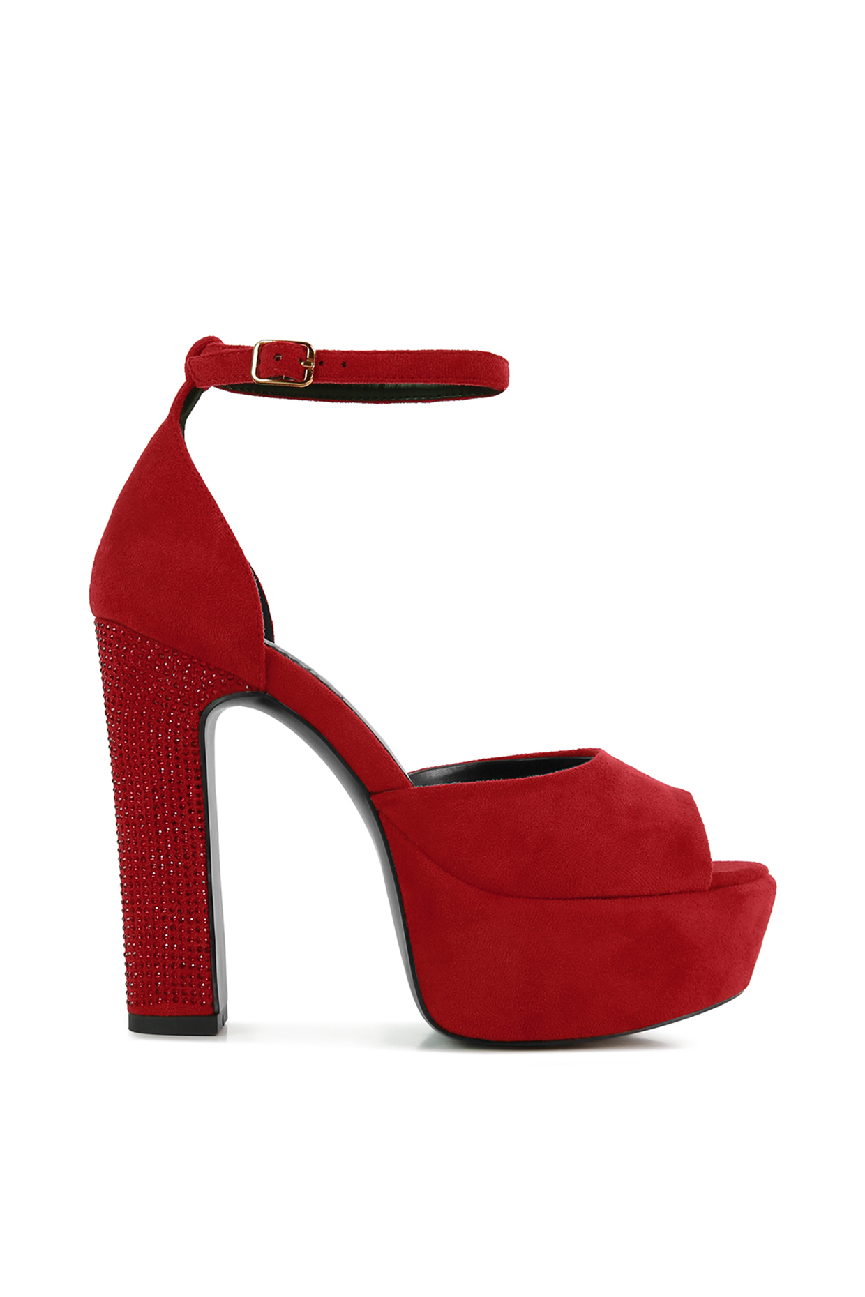 Red Micro Suede Diamante Block Heels by London Rag at Pernia's Pop Up Shop