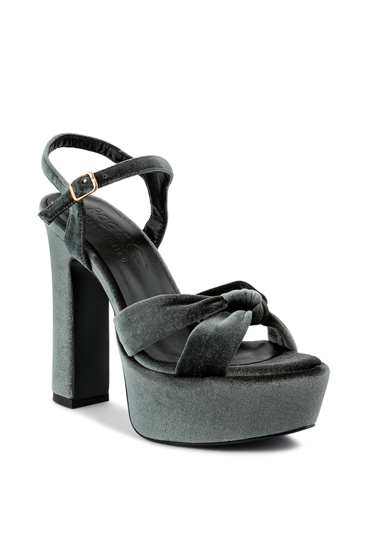 Grey Velvet Knotted Strap Block Heels Design by London Rag at