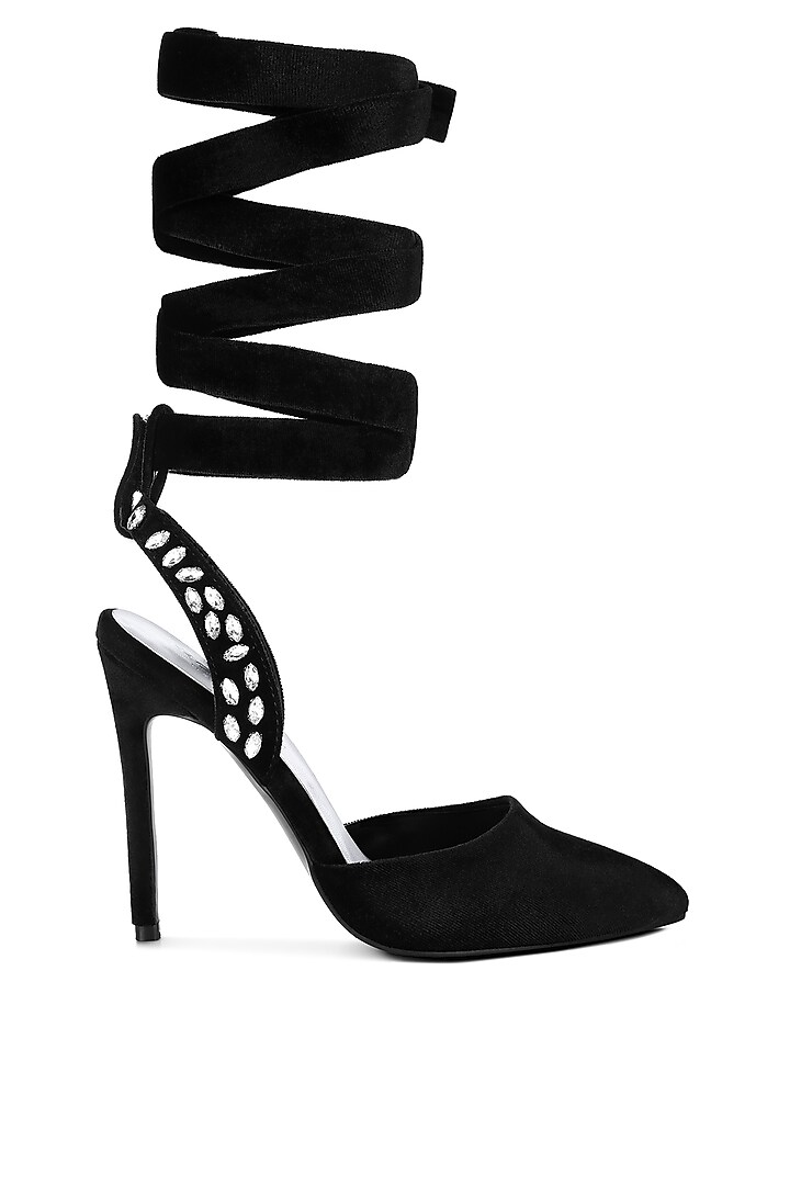 Black Velvet Embellished Strap Heels by London Rag at Pernia's Pop Up Shop