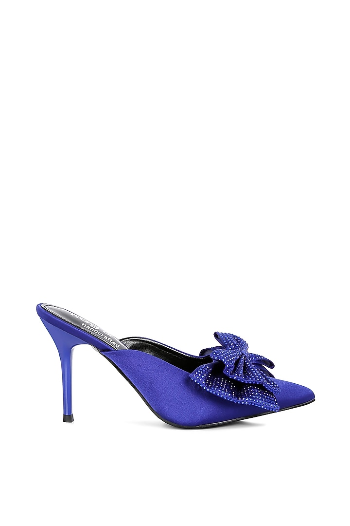 Navy Blue Satin Diamante Bow Embellished Mules by London Rag at Pernia's Pop Up Shop