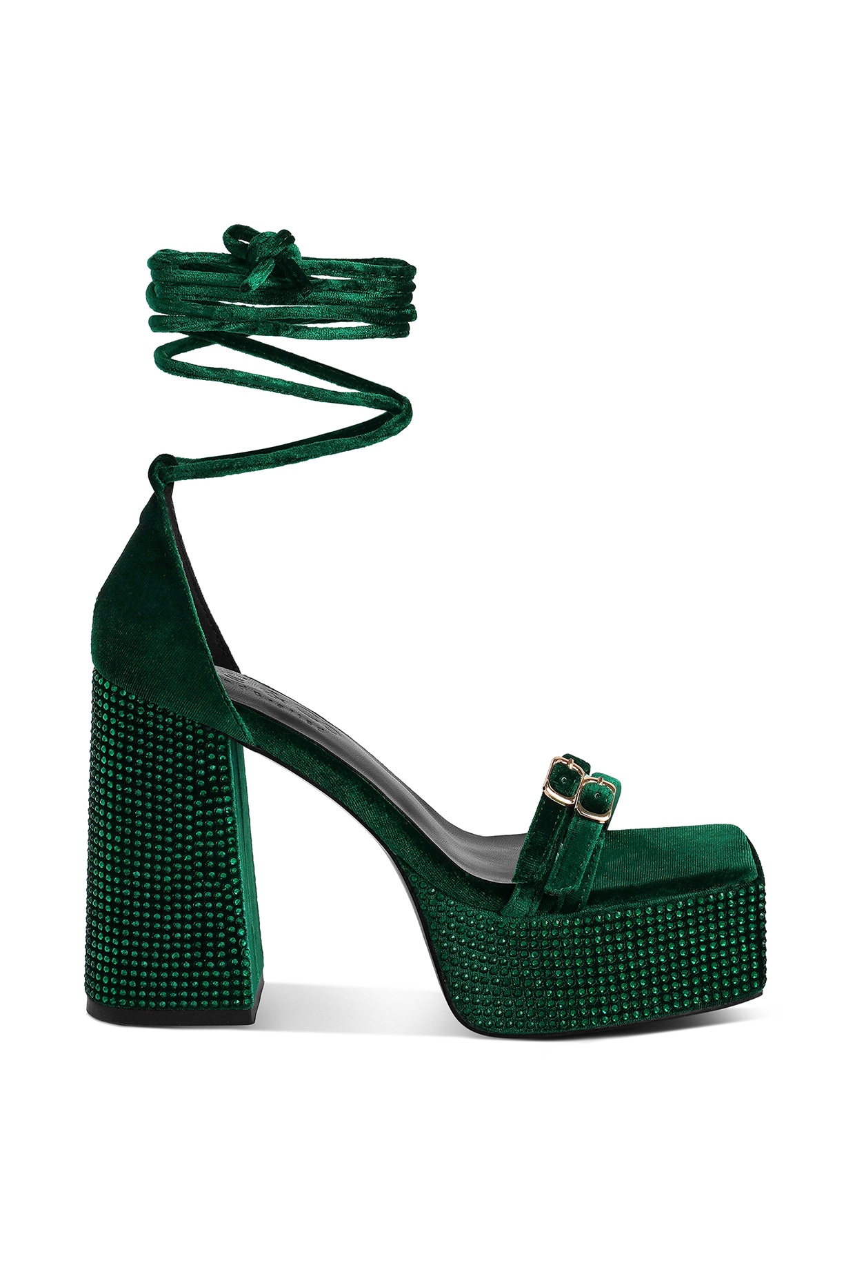 Green Velvet Diamante Embellished Platform Block Heels by London Rag at Pernia s Pop Up Shop